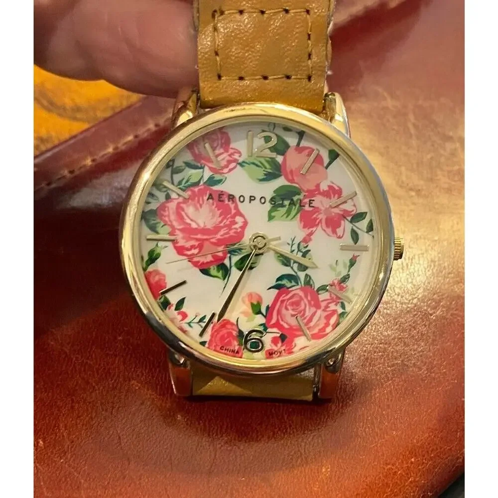Women's Gold Tone 38mm Aeropostale Watch with Flower Print Face, Braided Leather